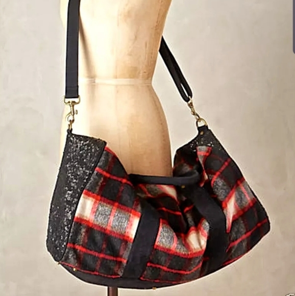 NWT- Anthropologie Deux Lux Plaid Duffel Bag Red - Picture 2 of 8